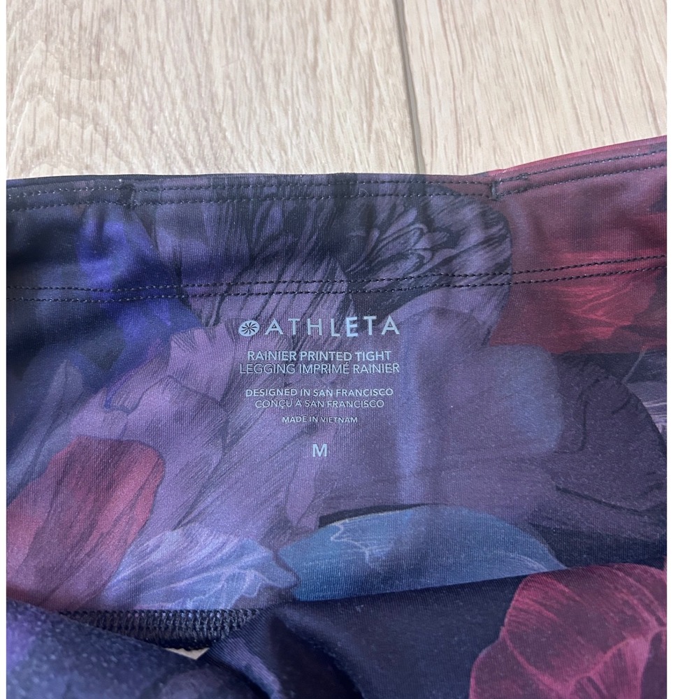 Athleta Rainier Printed Tight Leggings Medium Purple Blue Floral Zip Pockets - Picture 6 of 9